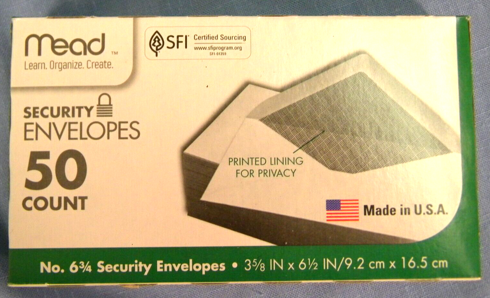 No # 6-3/4 Check Size White Security Envelopes Made in USA by Mead Box of 50
