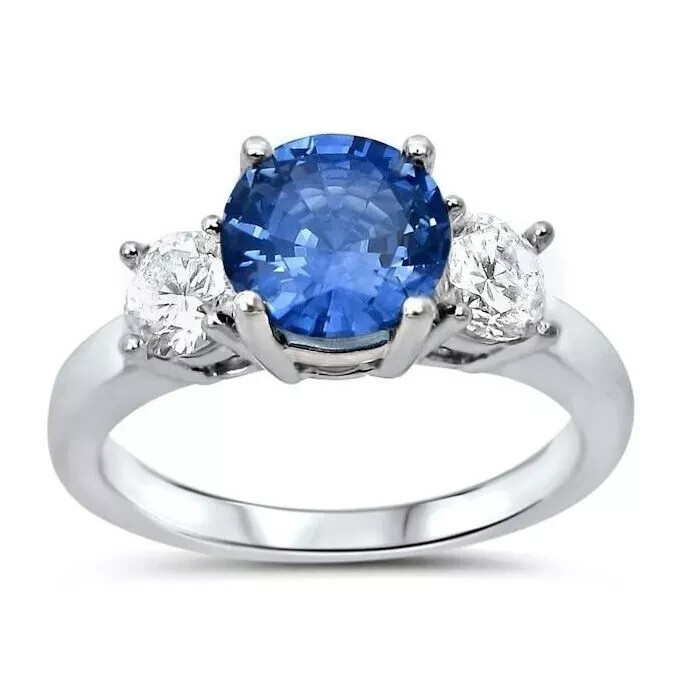 3.05 Ct Round Natural Sapphire & Diamond Engagement Ring 14K White Gold Solid