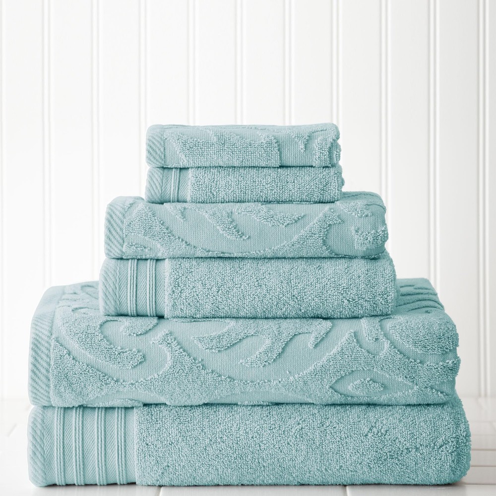 6-Piece Jacquard & Solid Towel Set in Sterling Blue with Medallion Swirl Design