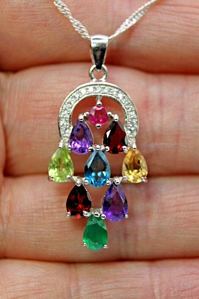 Sterling Silver Pendant with Genuine Ruby Emerald and Aventurine Gemstones and Chain