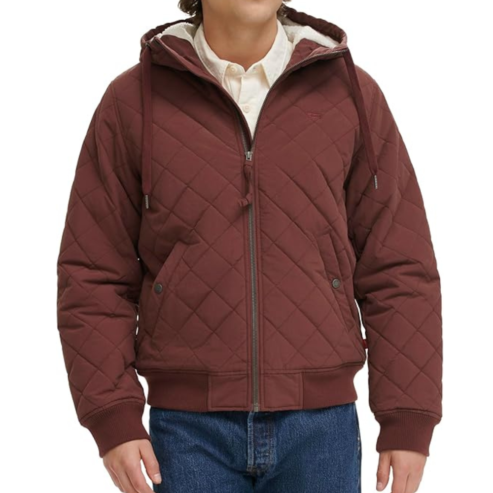 Levi's Men's Diamond Quilted Hoody Bomber with Sherpa Lining Burgundy XL , 2XL