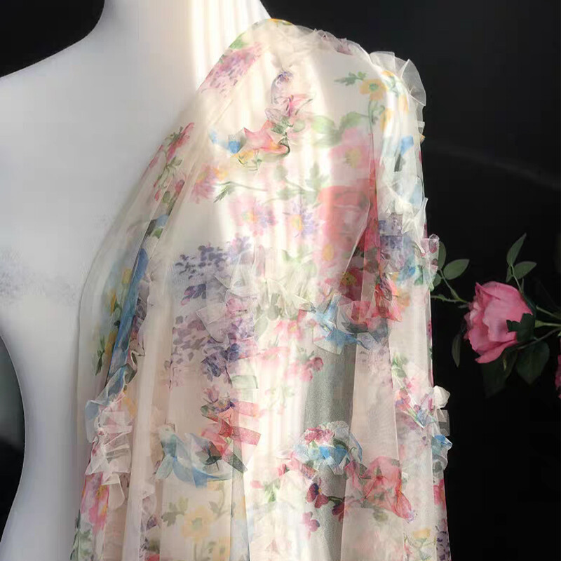 3D Pleated Floral Striped Mesh Fabrics Creative Handmade DIY Cloth Sewing Design