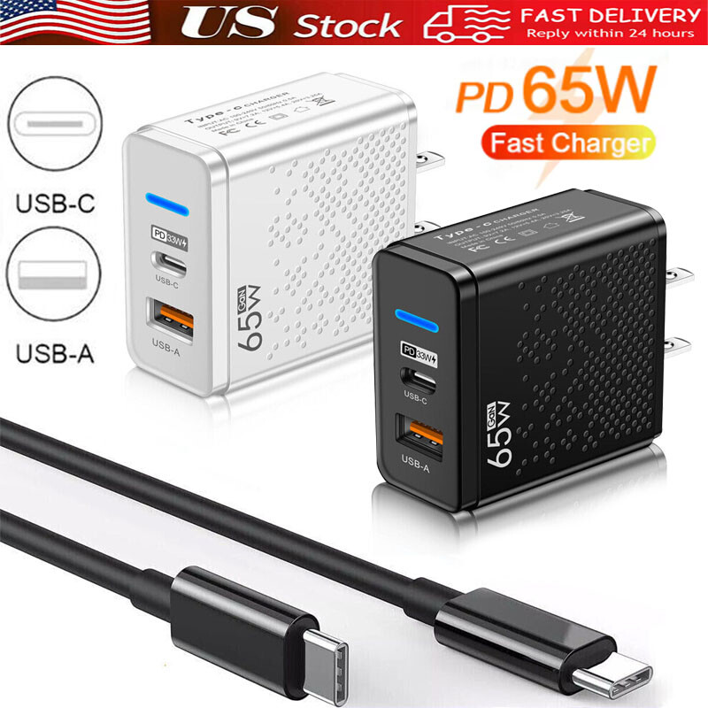 65W Fast USB QC 3.0 & Type C Wall Charger with Cable for Phones iPad