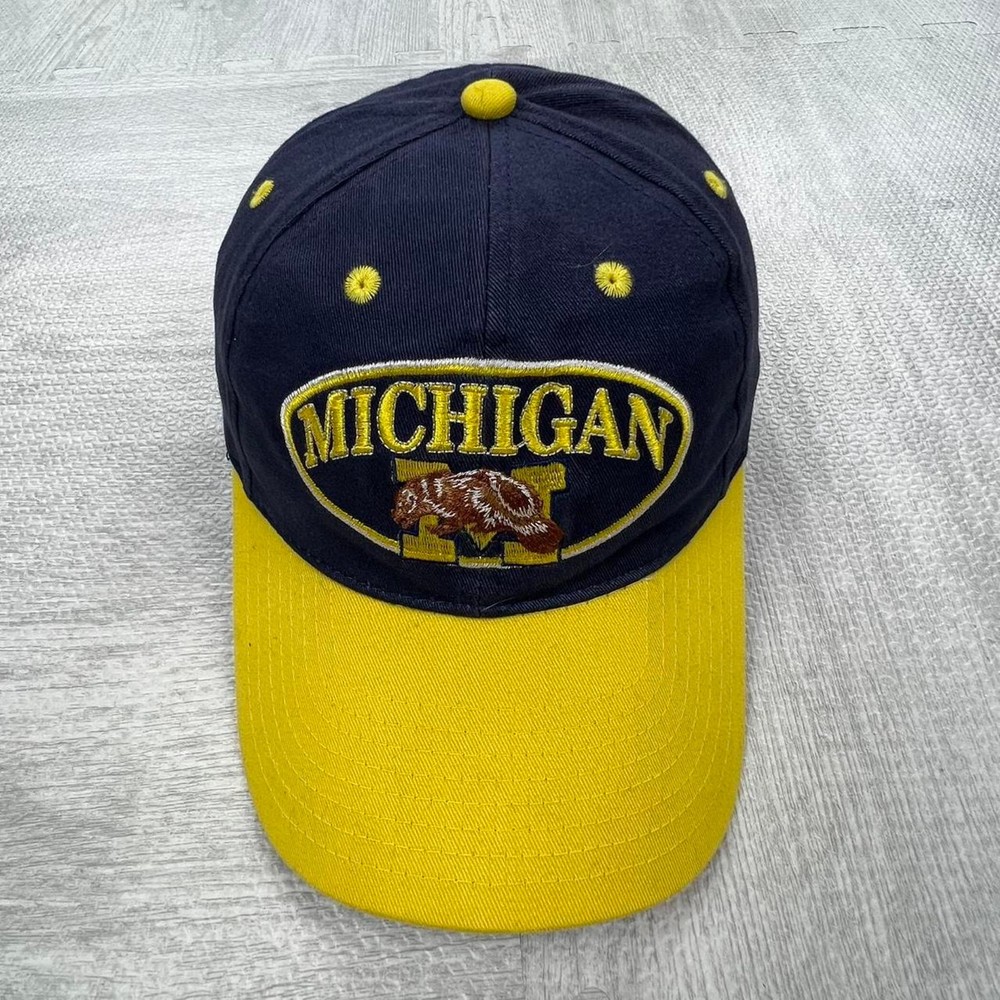 Vintage 90s Michigan Wolverines Strap back Hat Blue Yellow NCAA College Retro