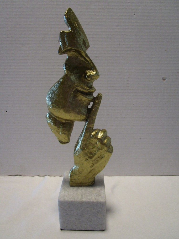 Silence Is Golden Face Sculpture with Hand on Aluminum Marble Base 16 Inches Tall
