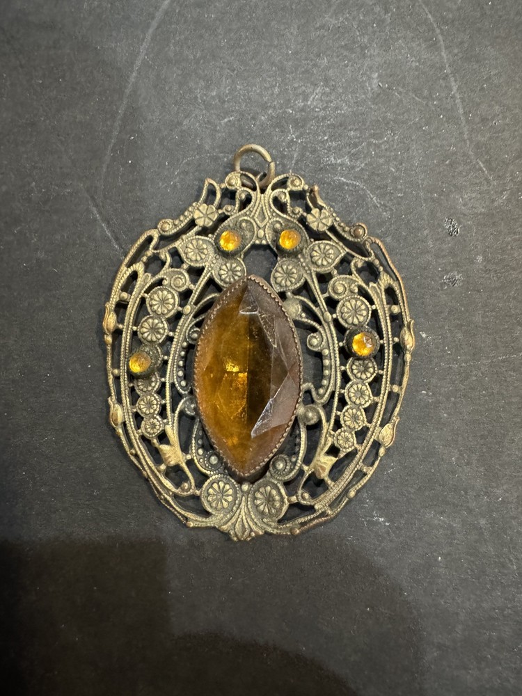 Vintage Art Deco Faux Glass Citrine Filigree Pendant Necklace