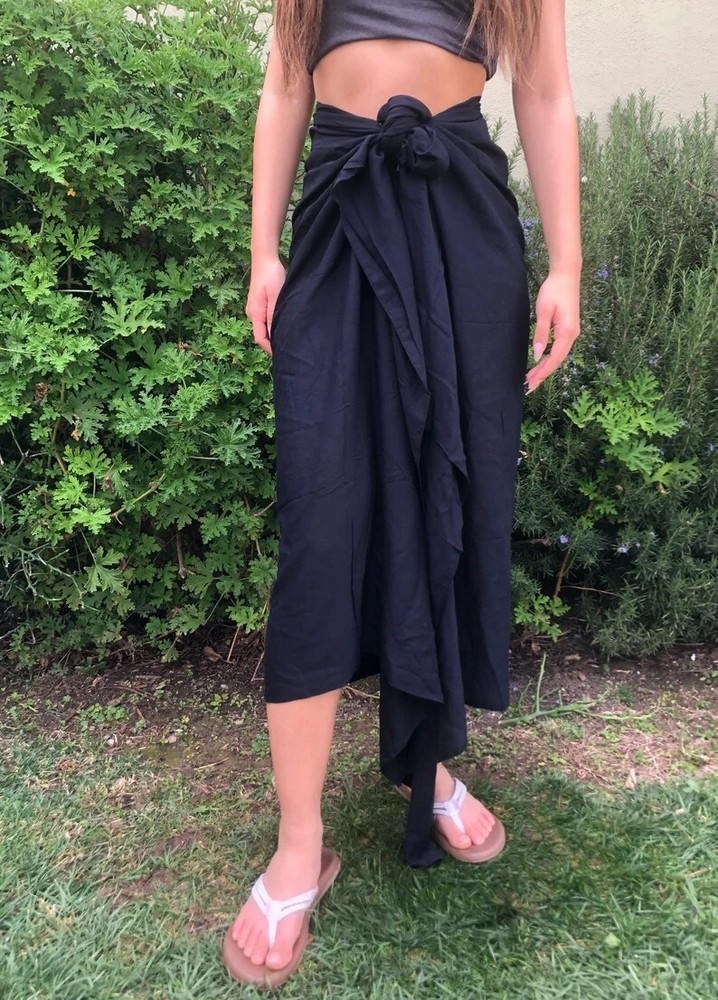 Sarong Solid Black Hawaii Luau Cruise Wrap Beach Pareo Wear Sexy Dress NO FRINGE