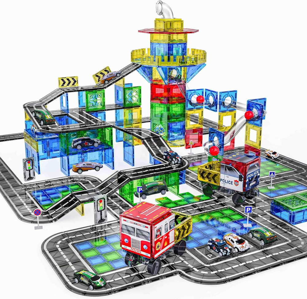 150PCS Magnetic Tiles Road Set with Marble Run, Preschool Magnet Tiles Included