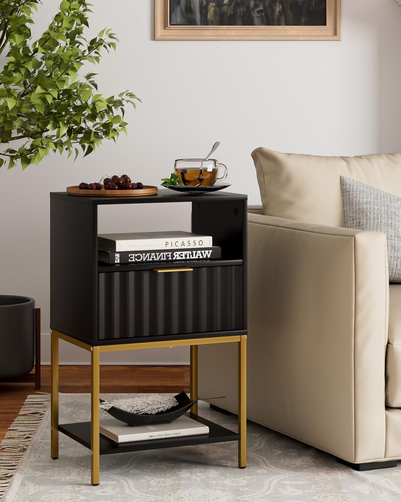 Tall Black Fluted Nightstand with Gold Frame, Modern Bedside Table