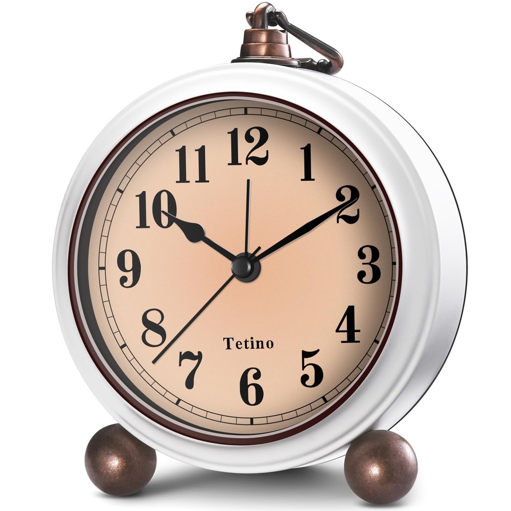 White Analog Alarm Clock Battery Powered Silent Non Ticking Retro Desk Clock