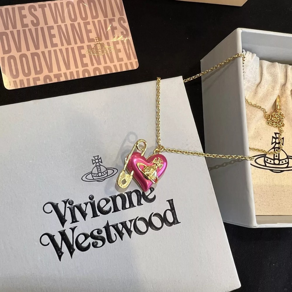 Vivienne Westwood Hot Pink Heart Safety Pin Pendant Necklace 282
