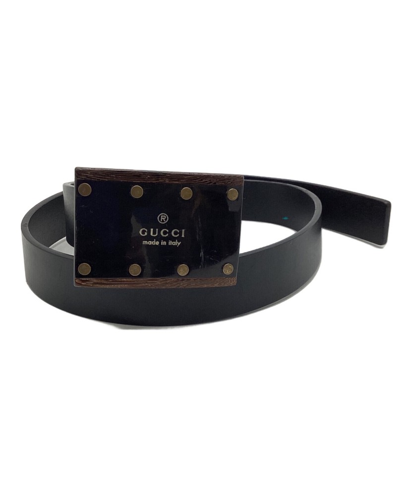 GUCCI wood square buckle belt Logo Leather Black Authentic Made in Italy Used