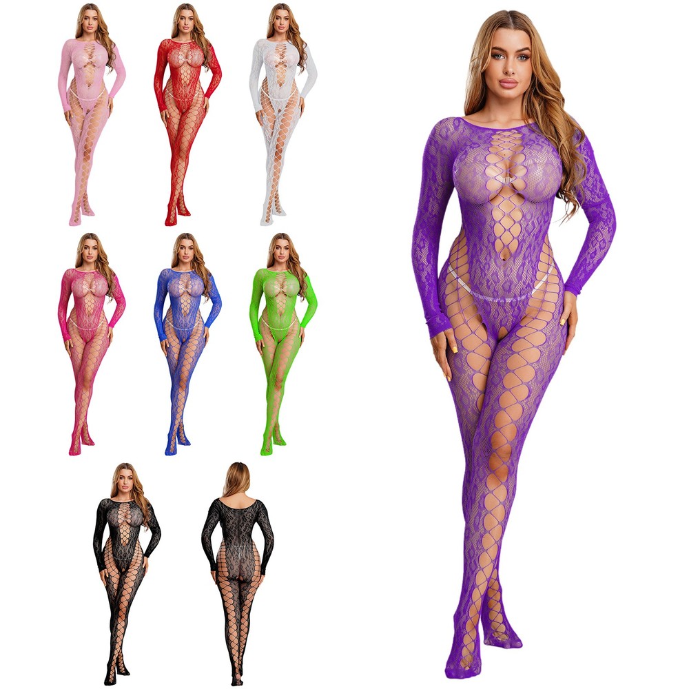 Women's Hollow Out Bodystocking Full Body Bodysuit Babydoll Crotchless Jumpsuit