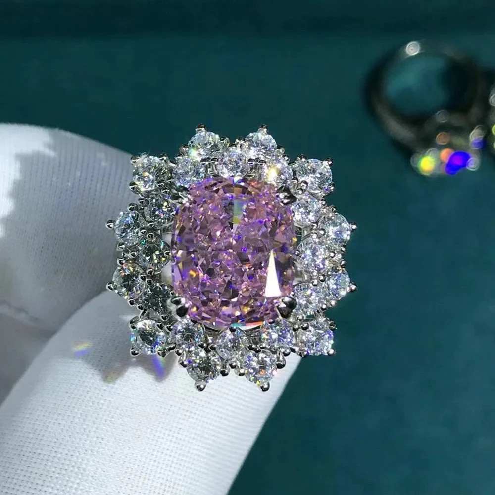 6 Carat Cushion Cut Pink Moissanite Double Halo Ring in 14K Gold