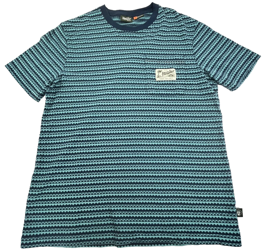 Howler Bros Geometric T-Shirt Blue Aztec Tribal Stripe AOP Pocket Crewneck Small