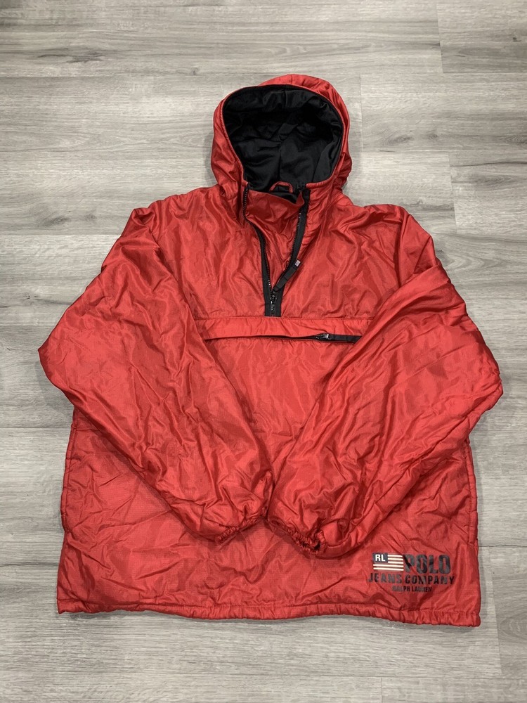 Vintage Polo Jeans Co Ralph Lauren Mens XL Windbreaker Jacket Hooded 1/4 Zip Red