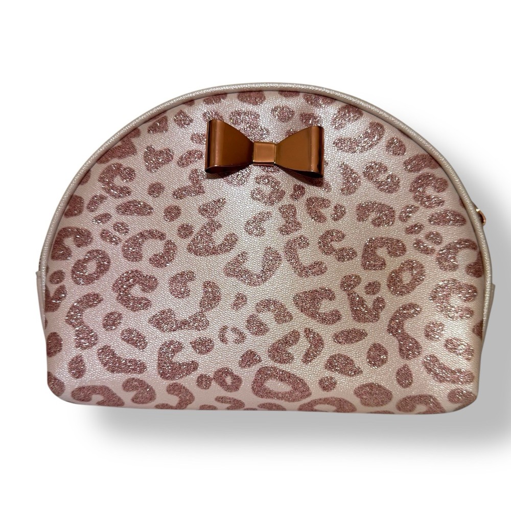 Pink Glitter Leopard Print Faux Leather w Rose Gold Metal Bow & Pink Tassel Pull