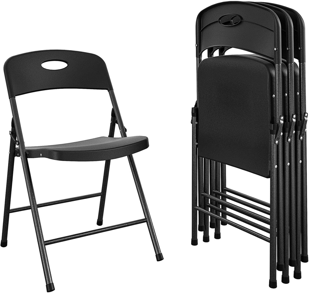 Solid Resin Plastic Folding Chairs, 4-Pack, Black