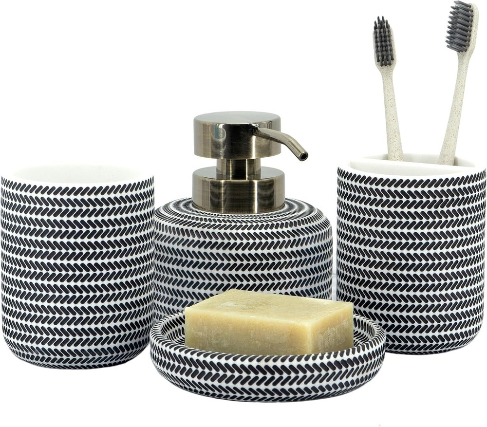 Black and White 4-Piece Bathroom Set with Toothbrush Holder and Soap Dispenser