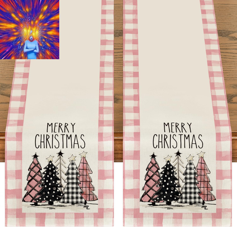 Pink Buffalo Plaid Xmas Trees 2PCS Merry Christmas Table Runner, Seasonal Winter