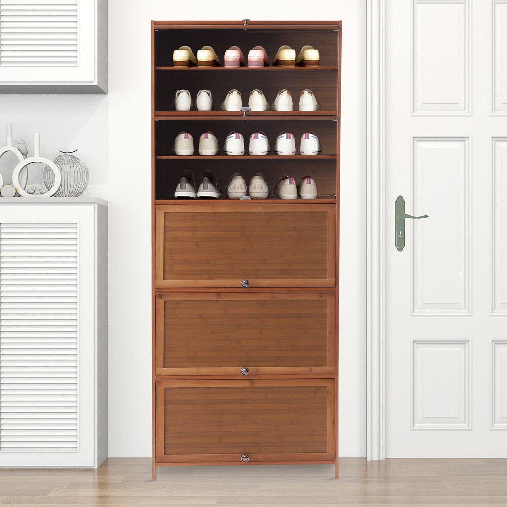 10 Tier 30 Pairs Shoe Cabinet with Doors Wood Stand Shoe Organizer for Entryway