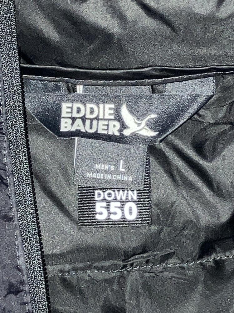 Eddie Bauer 550 Down Puffer Jacket Black, Full Zip, Hooded, Packable, Size L
