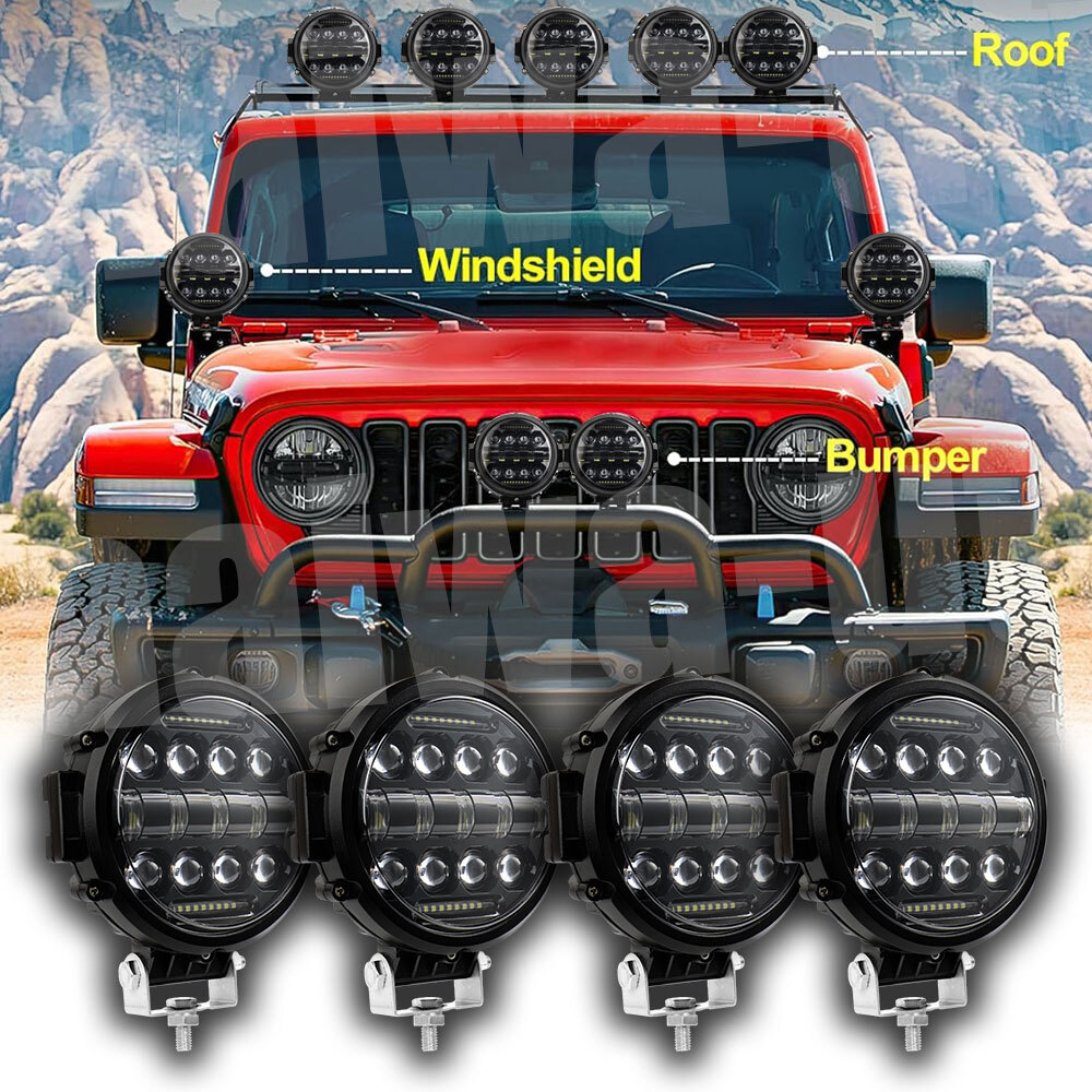 4PCS 7-Inch Round LED Work Lights for Offroad 4x4 DRL Driving Spot Combo