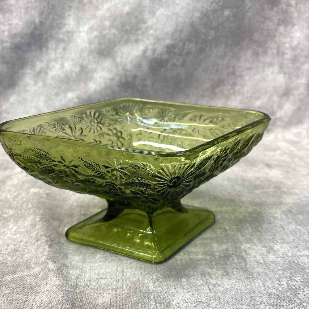 Vintage 1970s Green Indiana Glass Footed Trinket Dish Floral Pattern
