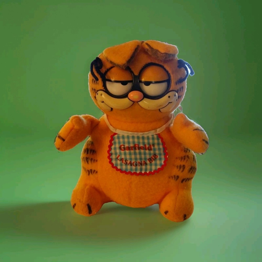 Vintage Talking Gourmet Garfield Plush Lasagna Bib Pull String Eyes Move 1981 9”