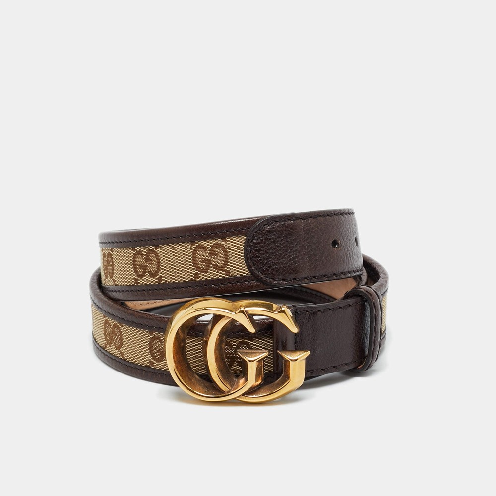 Gucci BrownBeige GG Canvas and Leather Double G Buckle Belt 90CM