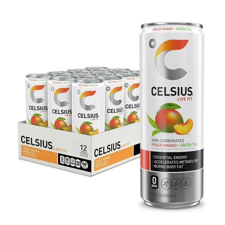 CELSIUS Essential Energy Drink 12 Fl Oz, Peach Mango Green Tea (Pack of 12)