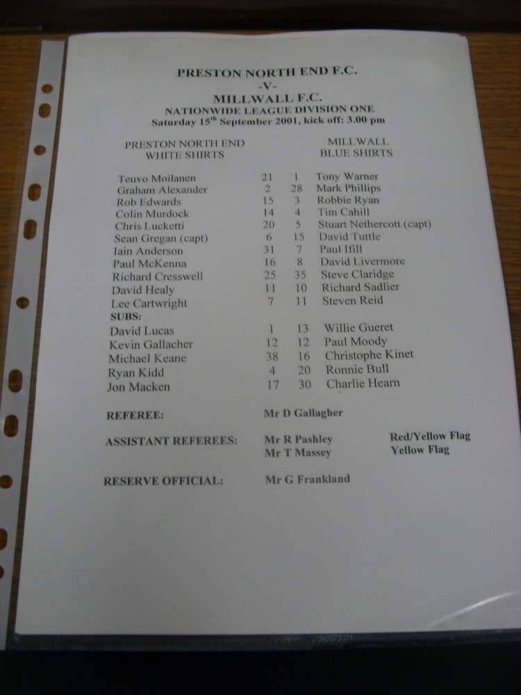 15/09/2001 Teamsheet: Preston North End v Millwall  (Single Sheet, Black & White