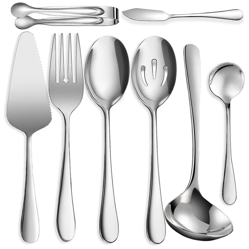 8 PCS Stainless Steel Serving Utensils, Large Serving Spoons Slotted Spoons, ...