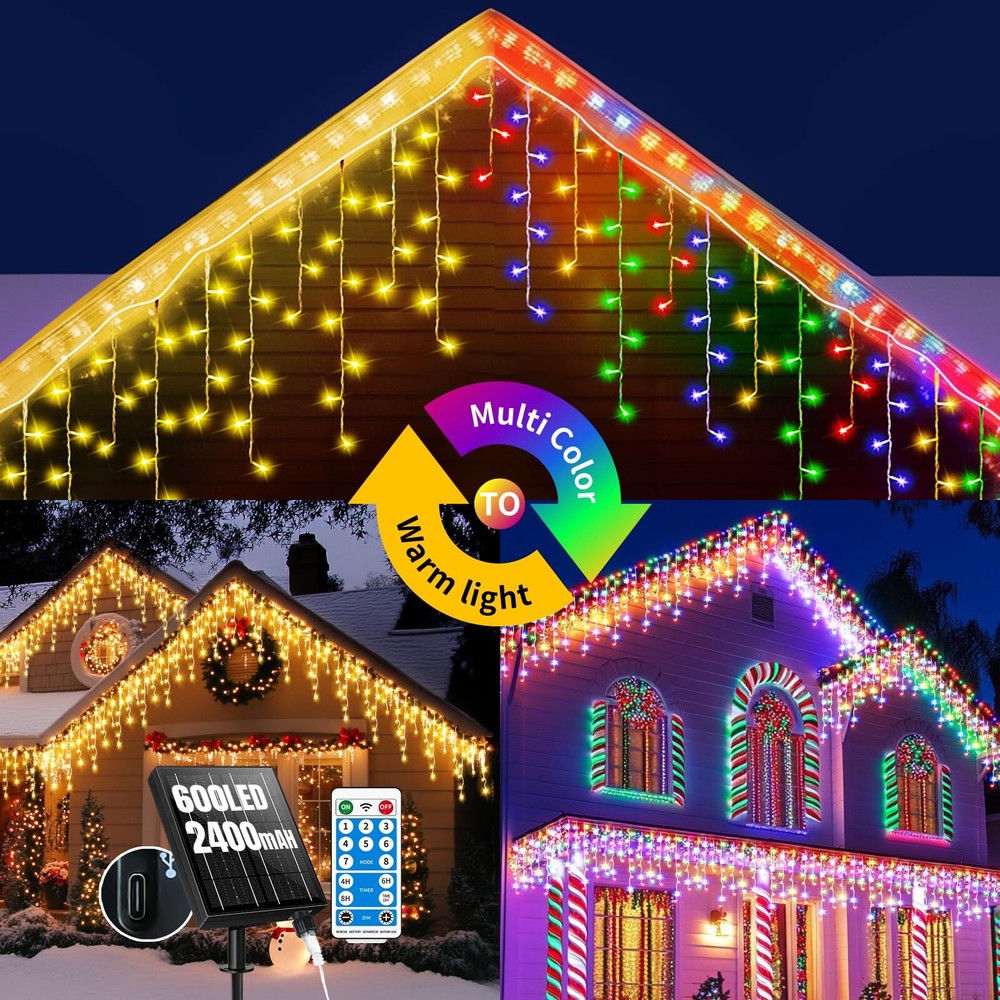Solar Icicle Christmas Lights Outdoor 60+16Ft 600 LED Icicle Lights for Outsi...