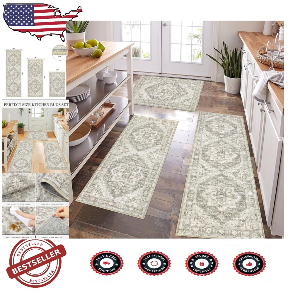 Versatile Farmhouse Kitchen Rugs - Set of 3 with Stain Resistant Features