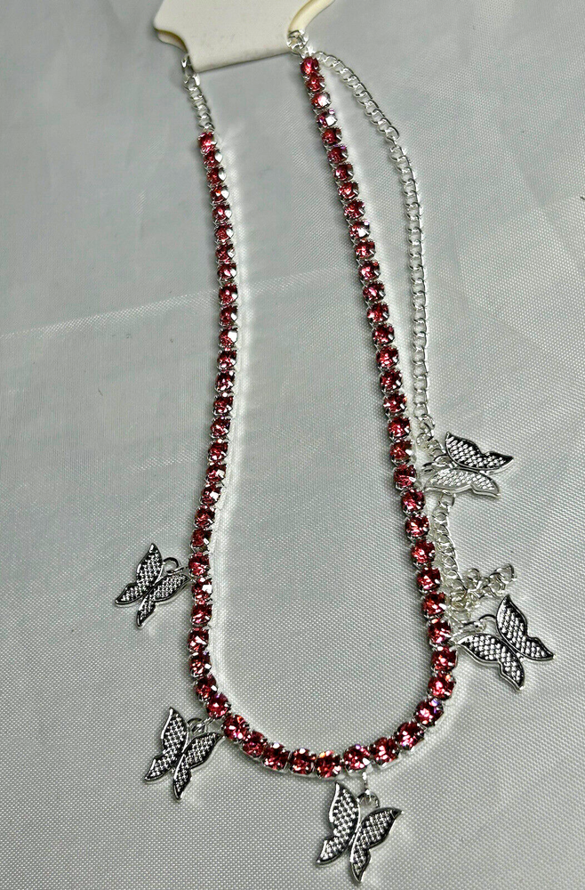 Pink Rhinestone Butterfly Necklace in Silver Tone for Women