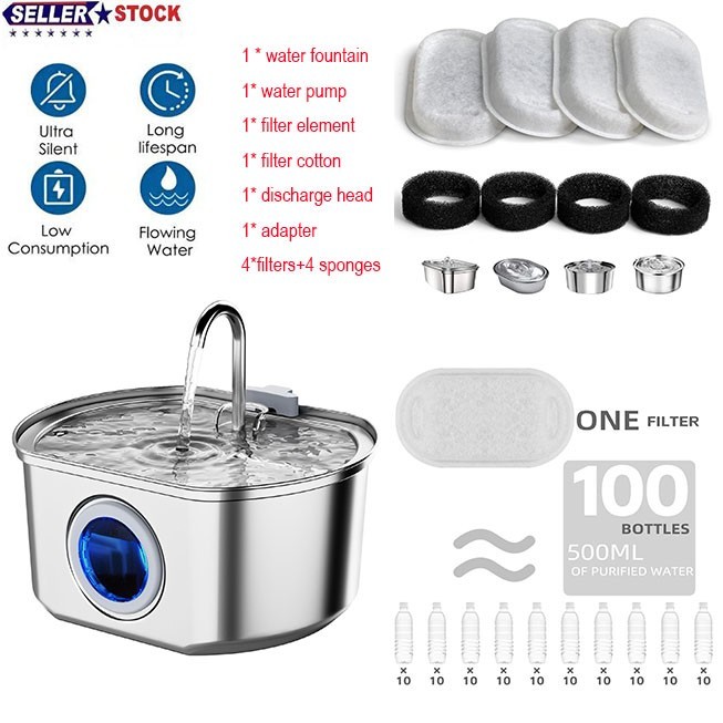 Cat Dog Water Fountain 3.2L 108oz Stainless Steel Pet Automatic Water Dispenser