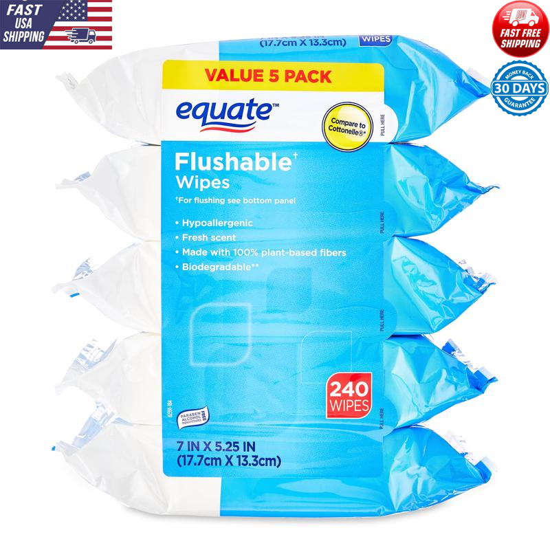Fresh Scent Flushable Wipes 240 Count Soft Hypoallergenic Aloe Vitamin E Packs