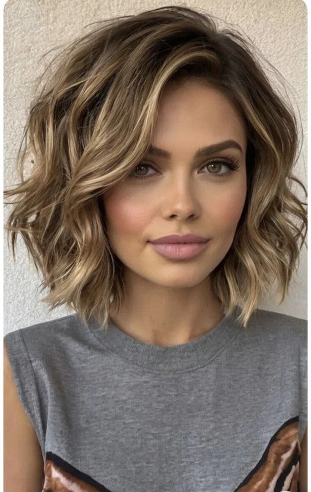 Short Wavy Ash Brown Blonde Highlight Wigs for Women