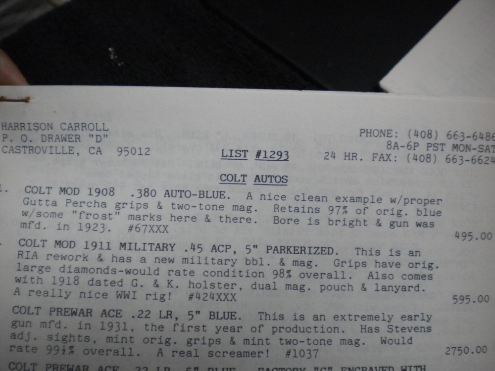 Harrison Carroll List 1293 ,Nov , 1993  Colt SAAs,S&W, Blk powder Price List
