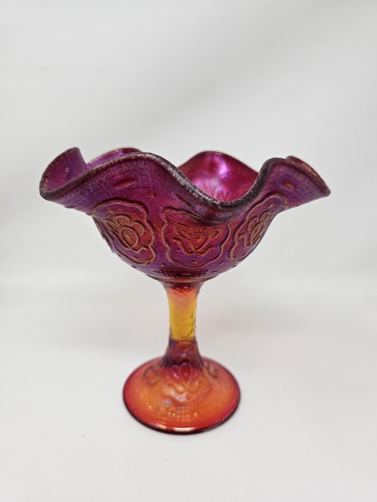 Fenton Swirl Star Red Orange Footed Glass Compote Bowl