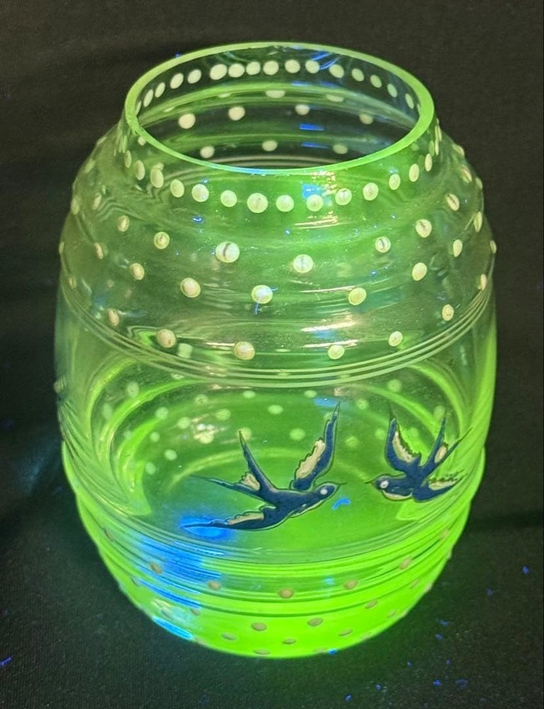 Antique Art Deco Vaseline Glass Jar Enamel Swallow Bird Decor JP