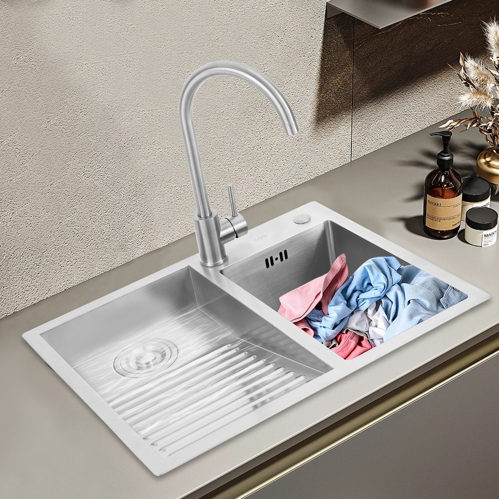 Stainless Steel Double Basin Laundry Sink with Faucet & Washboard for Welding