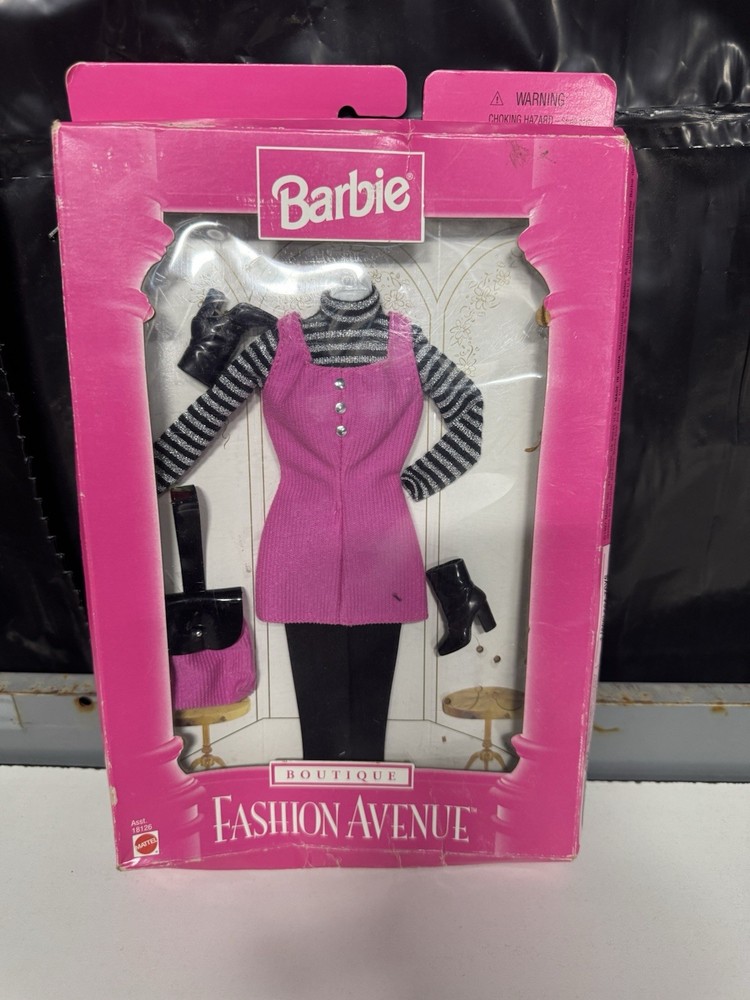Vintage Barbie Fashion Avenue Boutique Pink Jumper Dress & Boots, Purse  1997