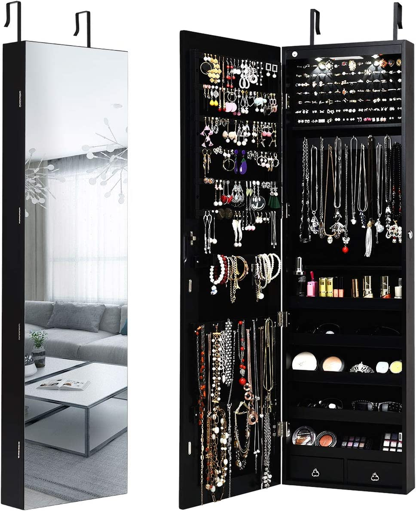 Wall Door Mounted Jewelry Armoire with Full-Length Mirror & LED Lights 47.5 Inches Tall