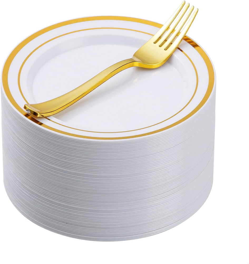 120 Pieces Gold Plates with Plastic Forks, Gold Dessert Plates for 60 Guests, He