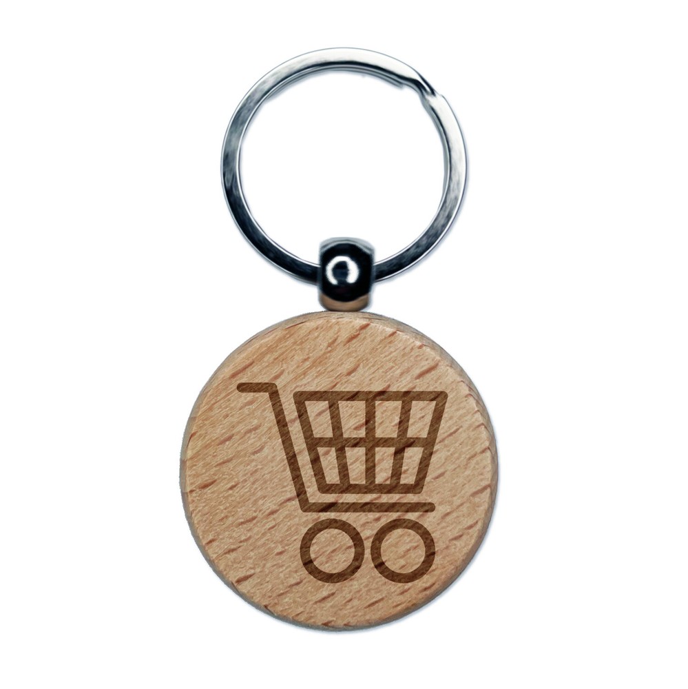 Shopping Cart Engraved Wood Round Keychain Tag Charm