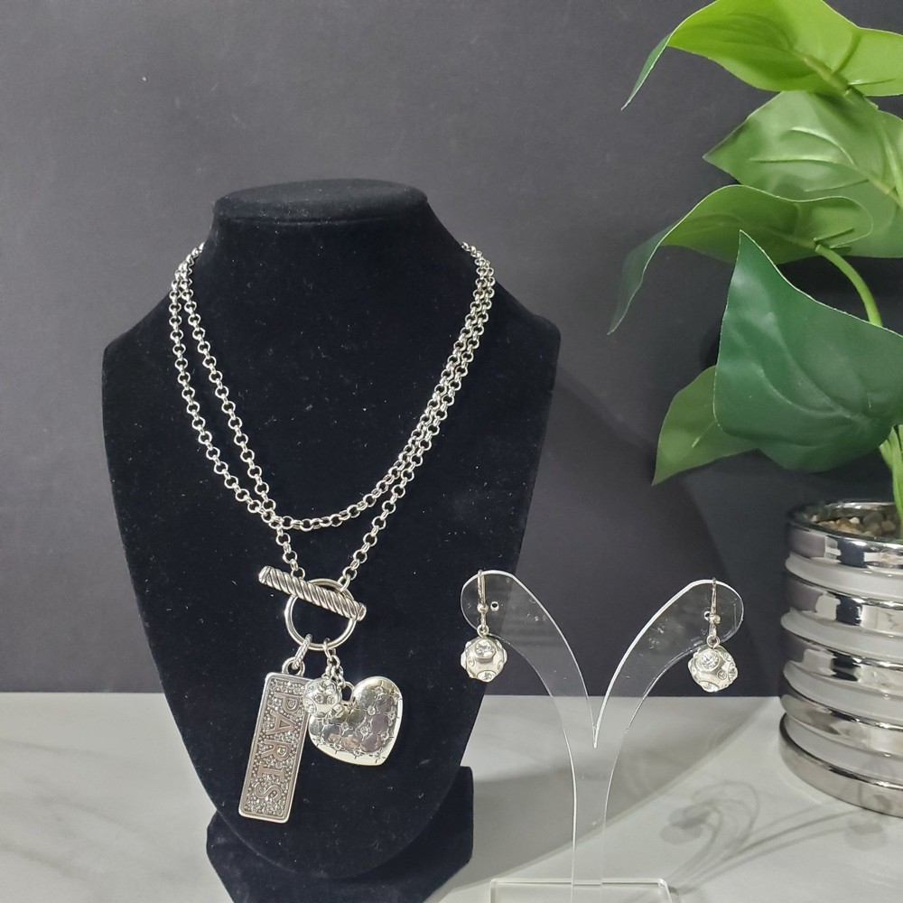 Brighton Paris Disco Fashionista Silver Crystal Toggle Necklace & Earrings Set