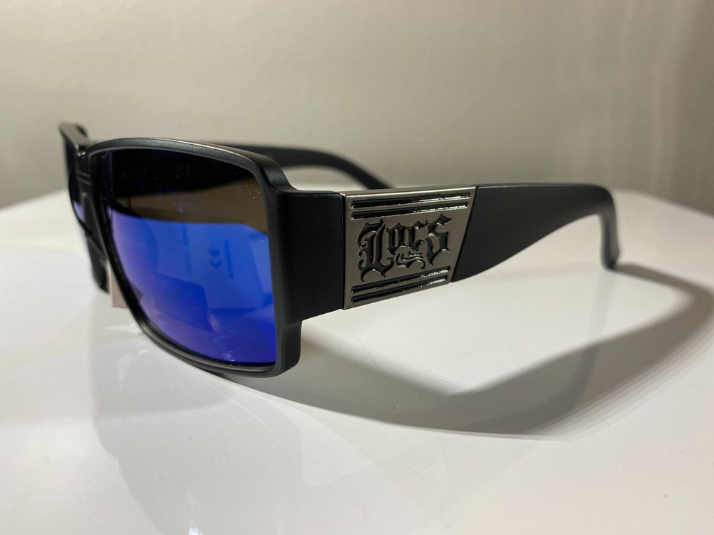 Men’s black frame designer sunglasses with blue reflective lenses