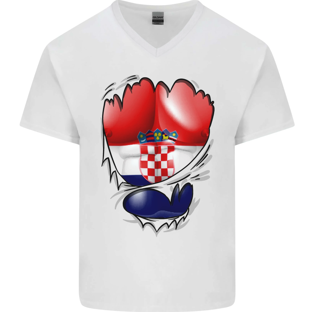 Gym Croatian Flag Ripped Muscles Croatia Mens V-Neck Cotton T-Shirt